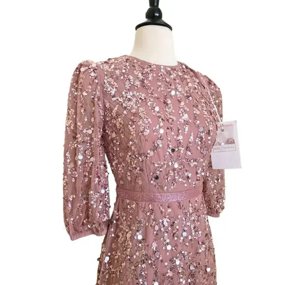 Mac Duggal 93790 Pink Rosewood Beaded Sequin Gown Puff Sleeve Formal Dress 16 - Picture 3 of 14